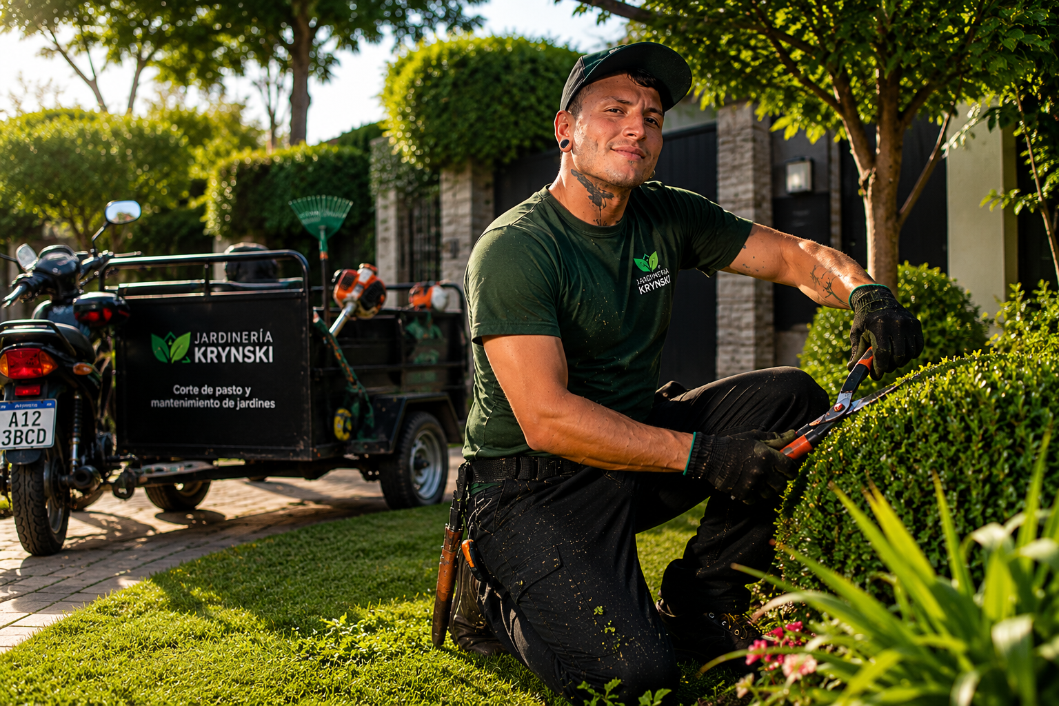 Jardinero de Krynski podando arbustos con la moto y el carrito de la empresa