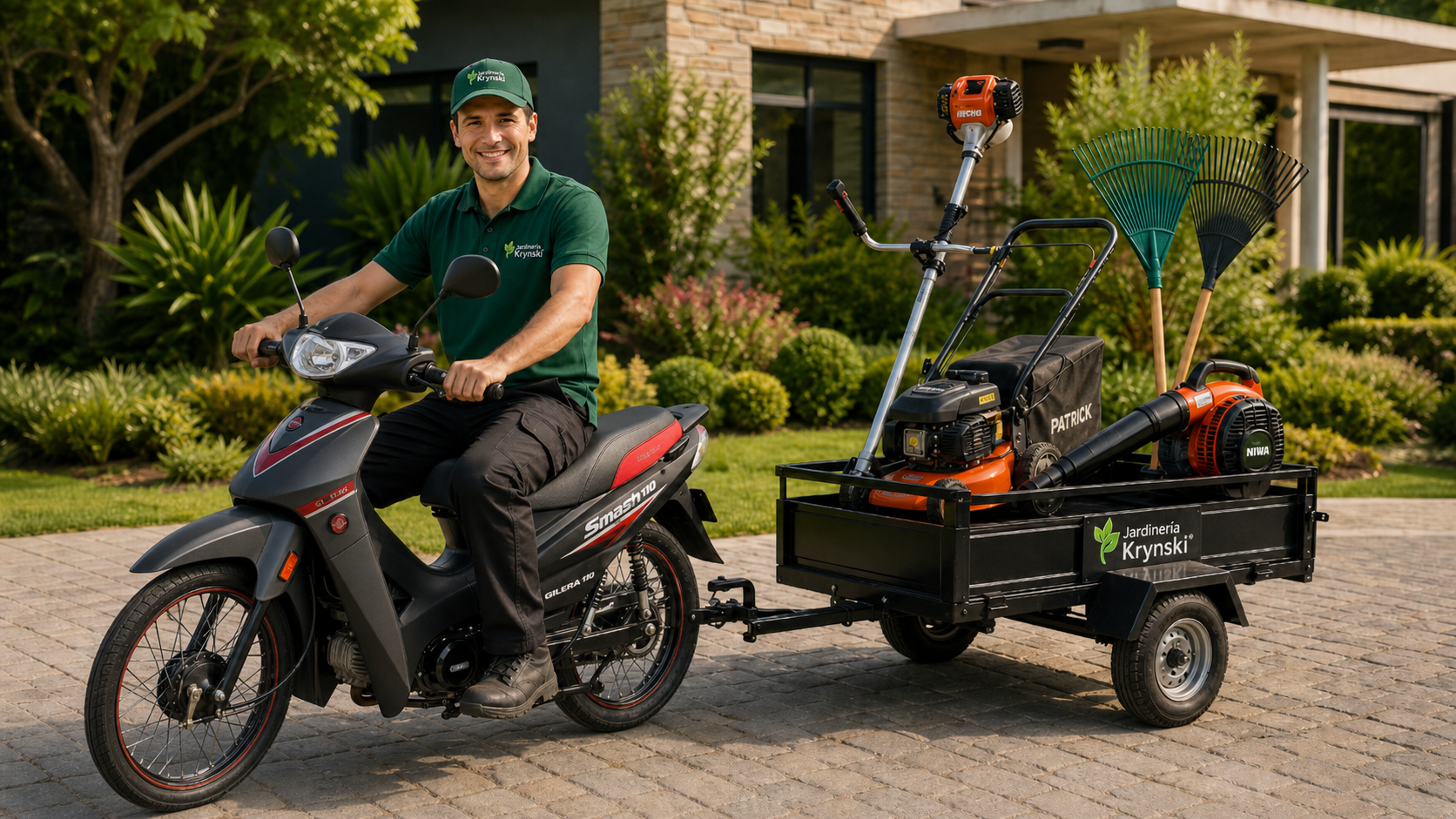 Jardinero de Krynski en moto con carrito y herramientas de corte de pasto
